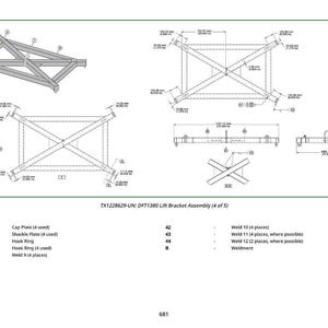 May include: Technical drawing of a lift bracket assembly, labeled TX1228629-UN: DFT1380. The diagram includes multiple views with dimensions in millimeters, and a legend detailing components like cap plates and hook rings.