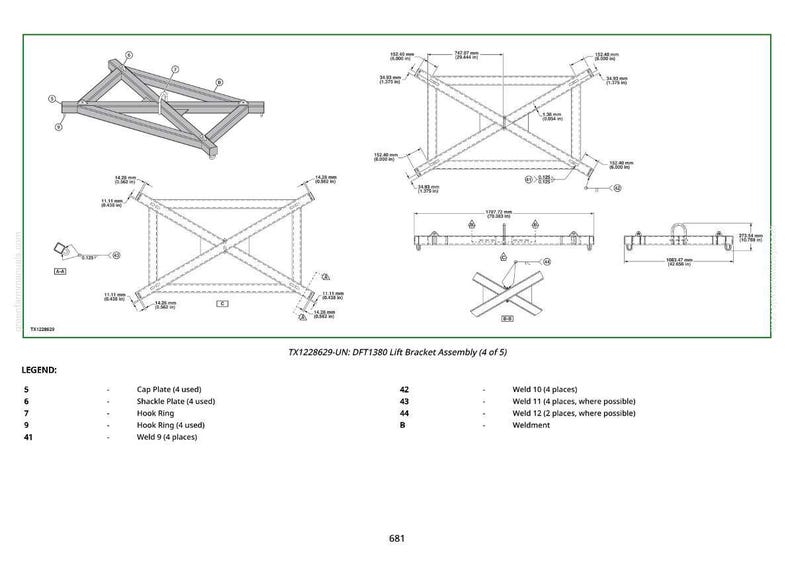 May include: Technical drawing of a lift bracket assembly, labeled TX1228629-UN: DFT1380. The diagram includes multiple views with dimensions in millimeters, and a legend detailing components like cap plates and hook rings.