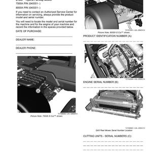 May include: A product identification guide for an E-Cut&trade; Hybrid Fairway Mower. The document includes diagrams showing the location of the product identification number, engine serial number, and cutting units serial numbers. The text also provides instructions for recording the date of purchase, dealer name, and dealer phone.