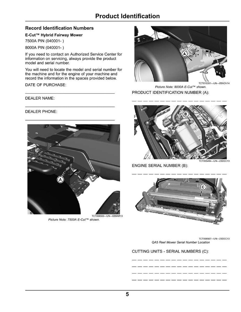 May include: A product identification guide for an E-Cut&trade; Hybrid Fairway Mower. The document includes diagrams showing the location of the product identification number, engine serial number, and cutting units serial numbers. The text also provides instructions for recording the date of purchase, dealer name, and dealer phone.
