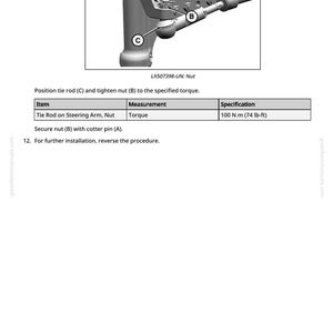 May include: Diagram of a mechanical component with a tie rod, nut, and cotter pin. The image includes a table specifying a torque of 74 lb-ft for the tie rod nut. Text indicates the part number is LX507398-UN.