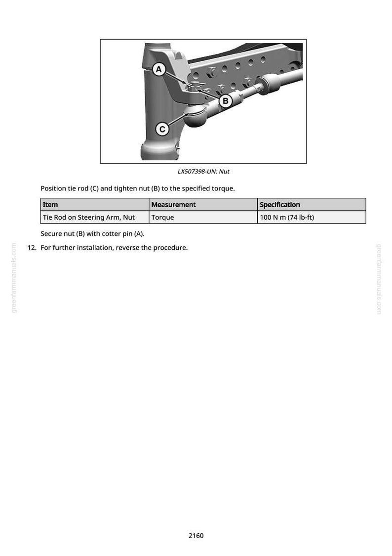 May include: Diagram of a mechanical component with a tie rod, nut, and cotter pin. The image includes a table specifying a torque of 74 lb-ft for the tie rod nut. Text indicates the part number is LX507398-UN.