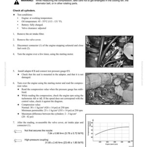 May include: A technical manual page titled "Measuring Compression Pressure (SK815-5N)" with engine component diagrams. Includes instructions, warnings, and specifications in both text and graphical form. Features a pressure gauge and engine components.