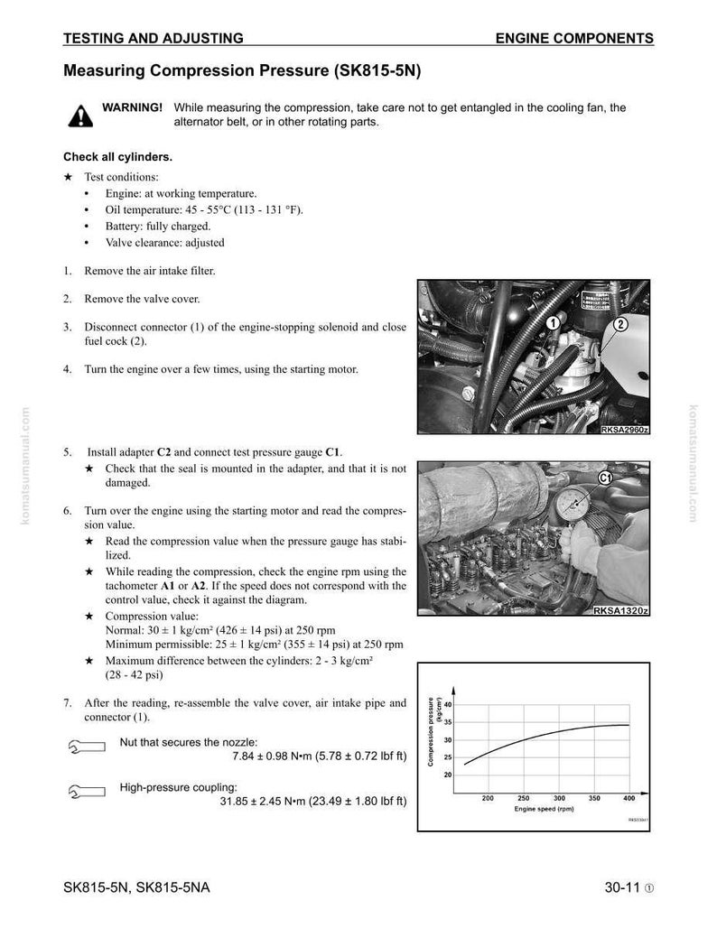 May include: A technical manual page titled "Measuring Compression Pressure (SK815-5N)" with engine component diagrams. Includes instructions, warnings, and specifications in both text and graphical form. Features a pressure gauge and engine components.