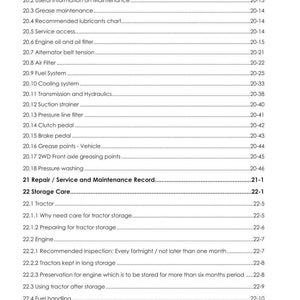May include: A page from a manual with the title "20 Maintenance Schedule" and a list of maintenance topics. The manual includes sections on engine oil, fuel systems, and tractor storage. The document is labeled "DISCOVERY II P/N 6758991A1".