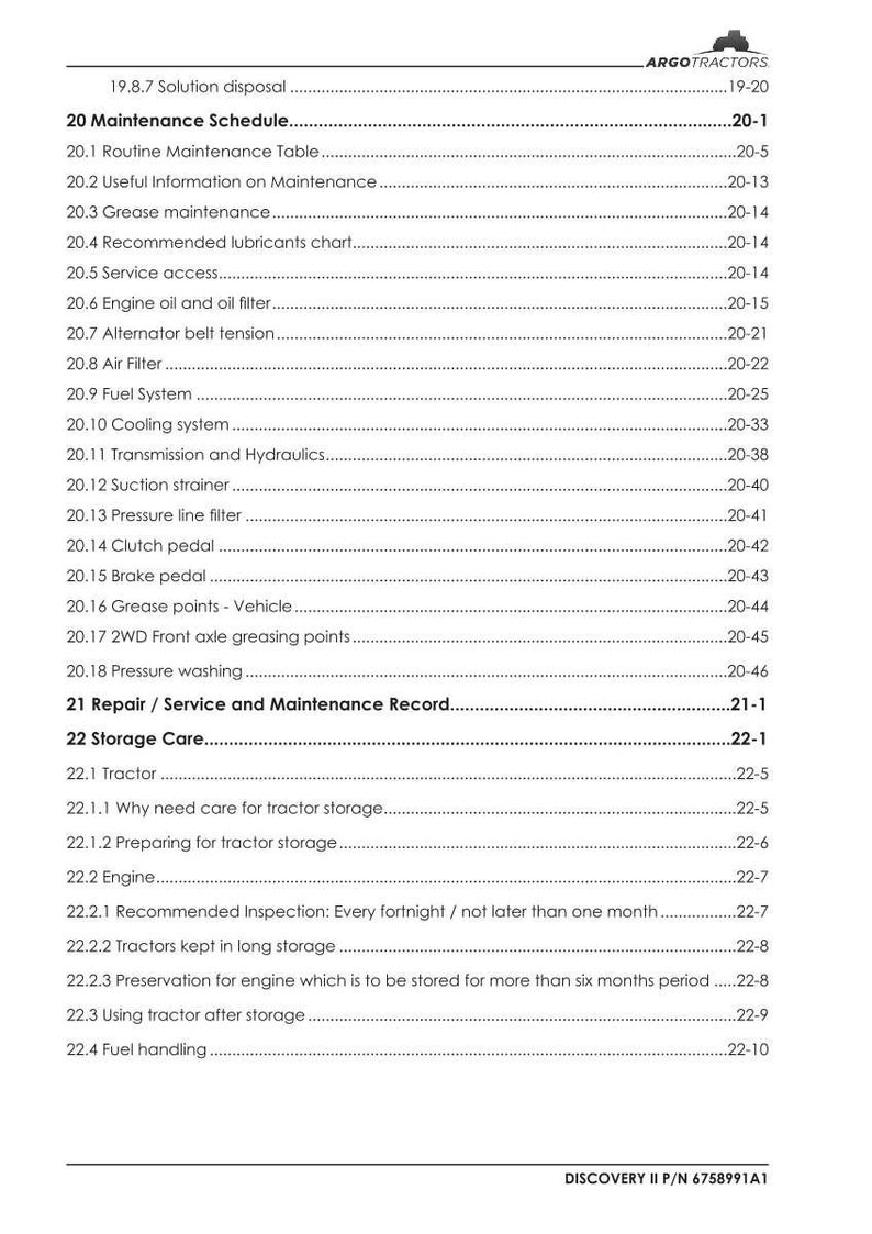 May include: A page from a manual with the title "20 Maintenance Schedule" and a list of maintenance topics. The manual includes sections on engine oil, fuel systems, and tractor storage. The document is labeled "DISCOVERY II P/N 6758991A1".