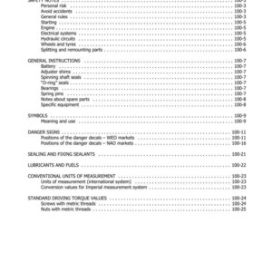 May include: A page from a manual with the title "SECTION 100 - GENERAL INFORMATION" and an index of topics including safety notes, general instructions, and standard driving torque values. The page number is 100-2.
