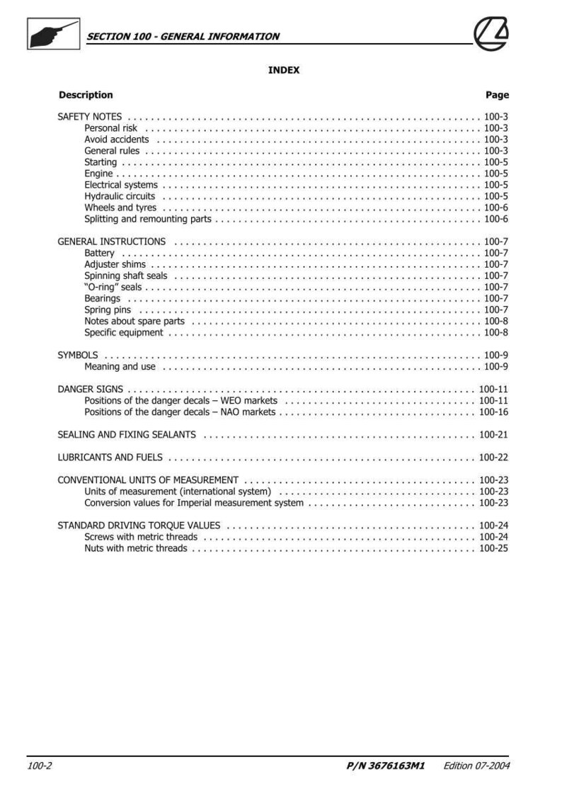 May include: A page from a manual with the title "SECTION 100 - GENERAL INFORMATION" and an index of topics including safety notes, general instructions, and standard driving torque values. The page number is 100-2.