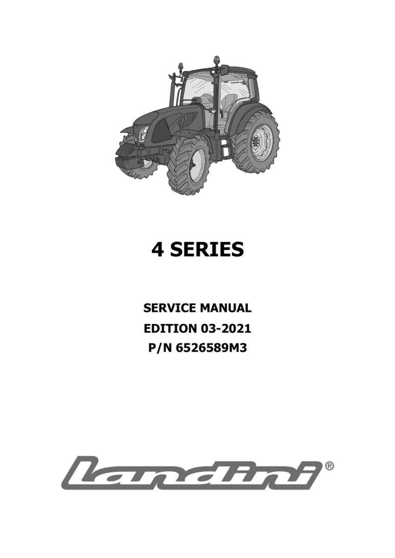 Puede incluir: Ilustraci&oacute;n en blanco y negro de un tractor. La imagen incluye el texto "4 SERIES", "SERVICE MANUAL", "EDITION 03-2021" y "P/N 6526589M3". El logotipo de Landini est&aacute; en la parte inferior.