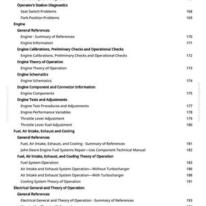 May include: A page from a manual with a table of contents. The text includes sections on engine diagnostics, fuel systems, and electrical systems. Page numbers are listed on the right side of the page.