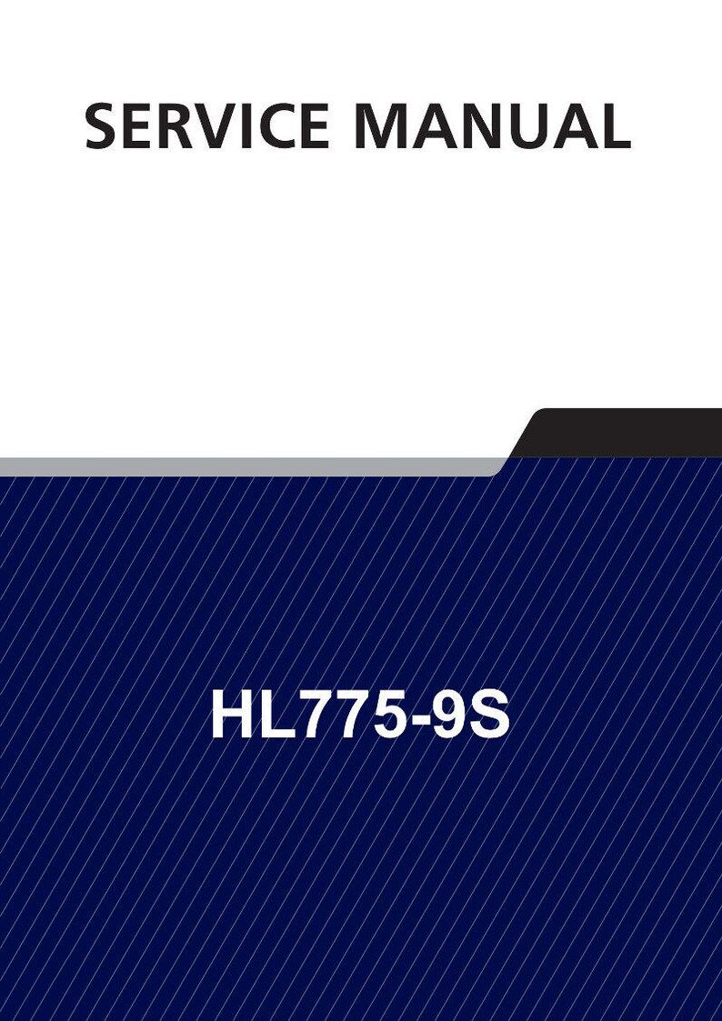 May include: A service manual with the title "SERVICE MANUAL" in bold, black text. The background is a gradient of white to dark blue with diagonal white lines. The text "HL775-9S" is in white.