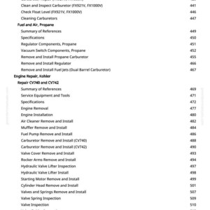 May include: A page from a manual with a list of engine repair procedures, including carburetor repair, fuel system maintenance, and valve adjustments. The text is in black font on a white background, with page numbers on the right.