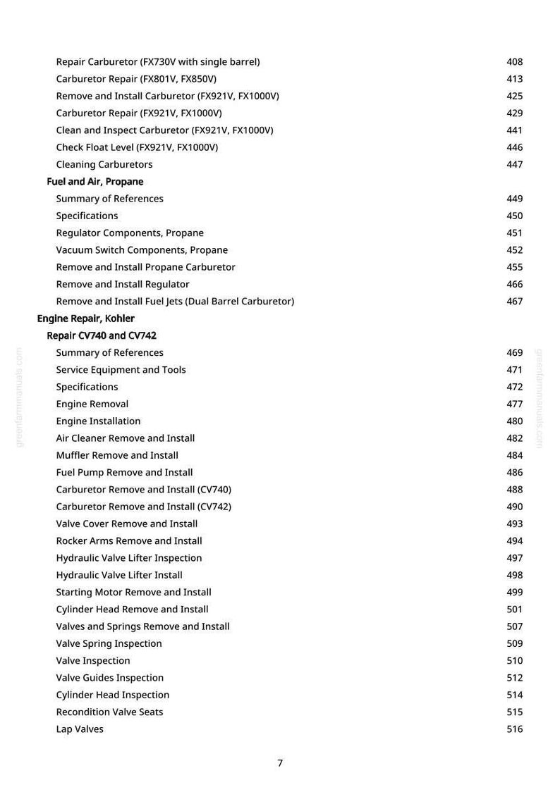 May include: A page from a manual with a list of engine repair procedures, including carburetor repair, fuel system maintenance, and valve adjustments. The text is in black font on a white background, with page numbers on the right.
