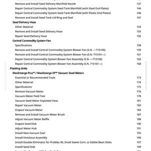 May include: A detailed table of contents from a manual, listing various repair and installation procedures for agricultural equipment. Topics include seed delivery, fan systems, and vacuum seed meters. The page number is visible on the right side.