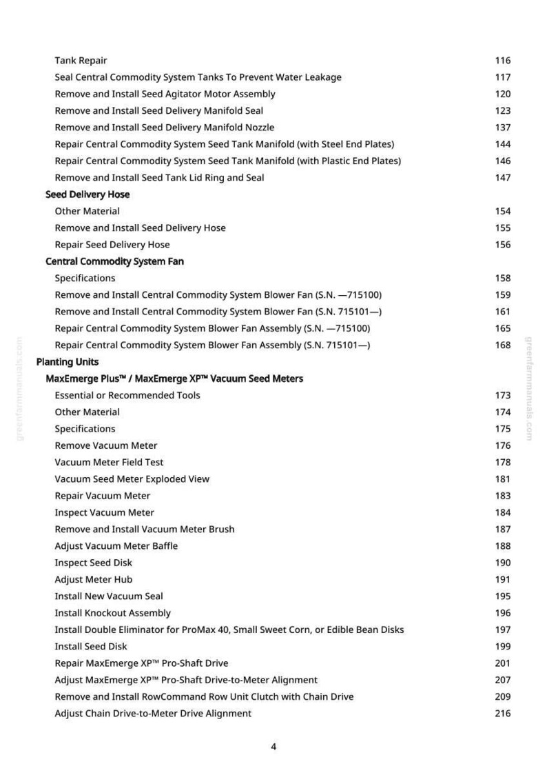 May include: A detailed table of contents from a manual, listing various repair and installation procedures for agricultural equipment. Topics include seed delivery, fan systems, and vacuum seed meters. The page number is visible on the right side.