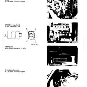 Peut inclure: Sch&eacute;ma de connecteurs automobiles, dont CN38, CN55, CN60 et CN83, avec des &eacute;tiquettes et des configurations de broches. L'image comprend &eacute;galement le texte "TROUBLESHOOTING" et "POSITION OF CONNECTORS".
