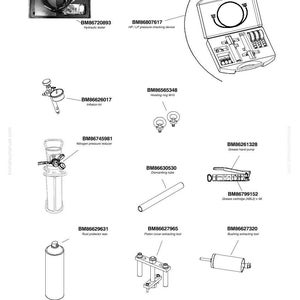 May include: A diagram showing various tools and equipment, including a hydraulic tester, pressure checking device, and grease cartridge. The image also features a nitrogen pressure reducer and rust protector wax.