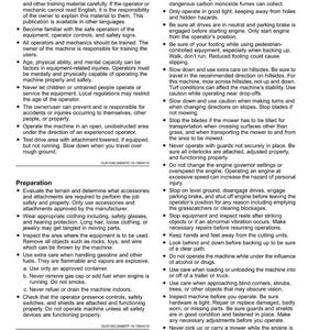 May include: A page from a safety manual, detailing Operator Training, Preparation, and Operating Safely. Contains bullet points with instructions and warnings for machinery operation.