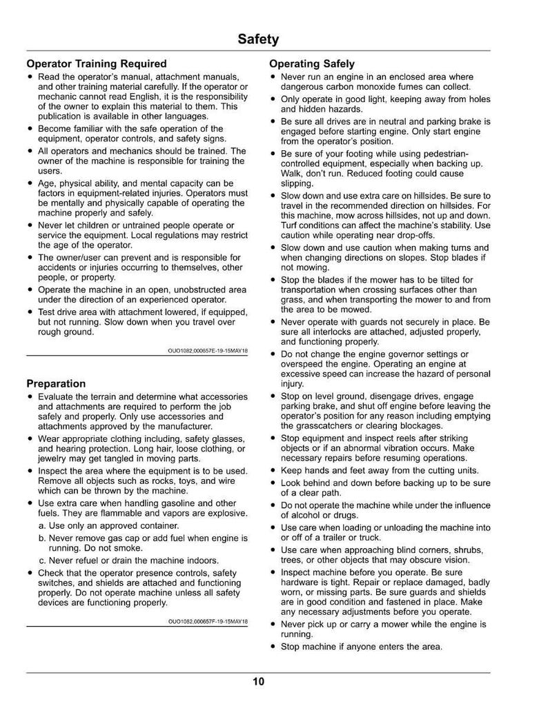 May include: A page from a safety manual, detailing Operator Training, Preparation, and Operating Safely. Contains bullet points with instructions and warnings for machinery operation.