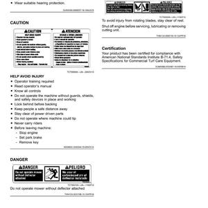 May include: White safety labels with black text, including "DANGER" and "CAUTION" warnings. The labels provide instructions on avoiding injury, proper operation, and safety precautions for machinery. The text includes warnings about noise exposure and rotating blades.