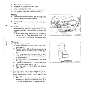 Puede incluir: Diagrama t&eacute;cnico de un manual que detalla la prueba y el ajuste del control de la direcci&oacute;n. Incluye diagramas de componentes, condiciones de medici&oacute;n e instrucciones paso a paso para probar y ajustar el sistema de direcci&oacute;n.