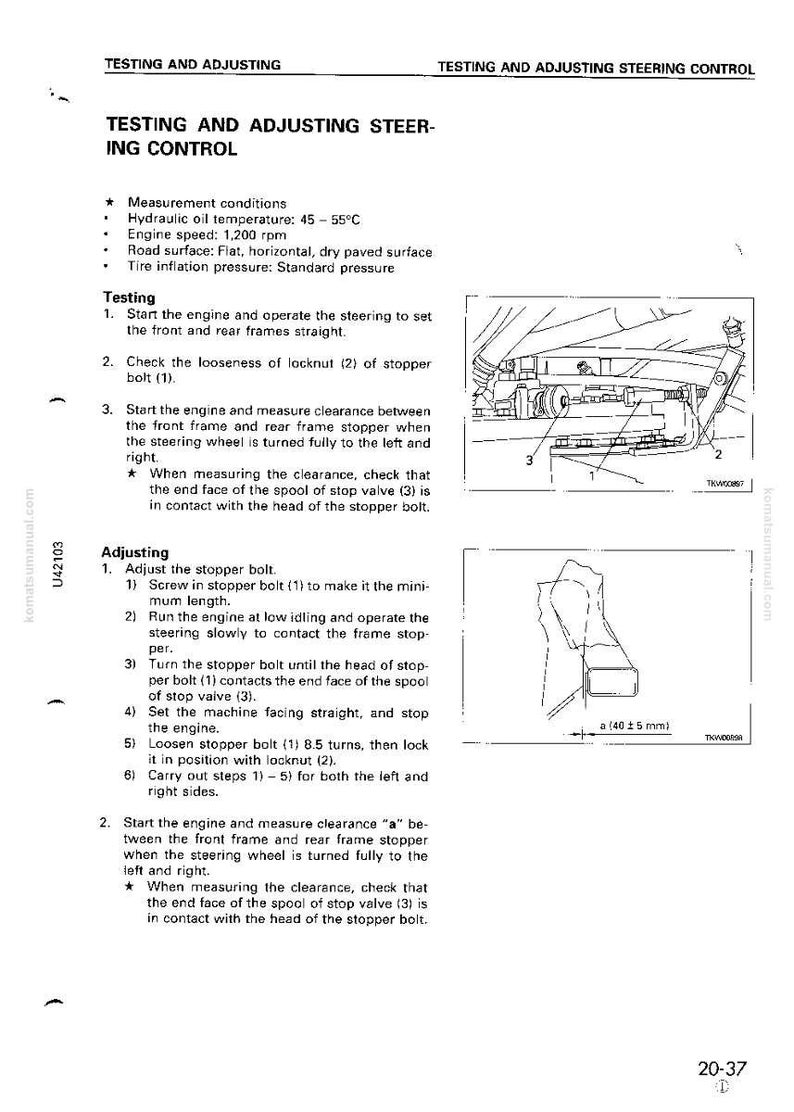 Puede incluir: Diagrama t&eacute;cnico de un manual que detalla la prueba y el ajuste del control de la direcci&oacute;n. Incluye diagramas de componentes, condiciones de medici&oacute;n e instrucciones paso a paso para probar y ajustar el sistema de direcci&oacute;n.