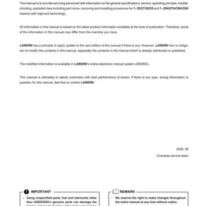 May include: A white manual page titled "PREFACE" in black. The manual provides information for servicing personnel on tractor specifications, service, and troubleshooting. It also includes a warning about using non-genuine parts.