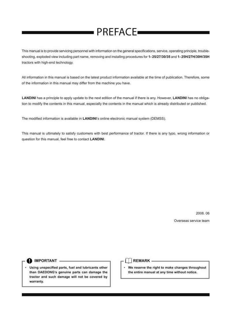 May include: A white manual page titled "PREFACE" in black. The manual provides information for servicing personnel on tractor specifications, service, and troubleshooting. It also includes a warning about using non-genuine parts.