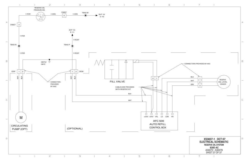 May include: Electrical schematic diagram of a reserve oil system, featuring a circulating pump, fill valve, and AFC 500 auto refill control box. The diagram includes labels and connectors, with the text "RESERVE OIL LEVEL SENSOR".