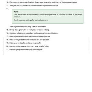 May include: A page from a manual with instructions for a conveyor relief valve. The text includes specifications for pressure in kPa, bar, and psi, along with a series of numbered steps for adjustment and maintenance. The page is white with black text.