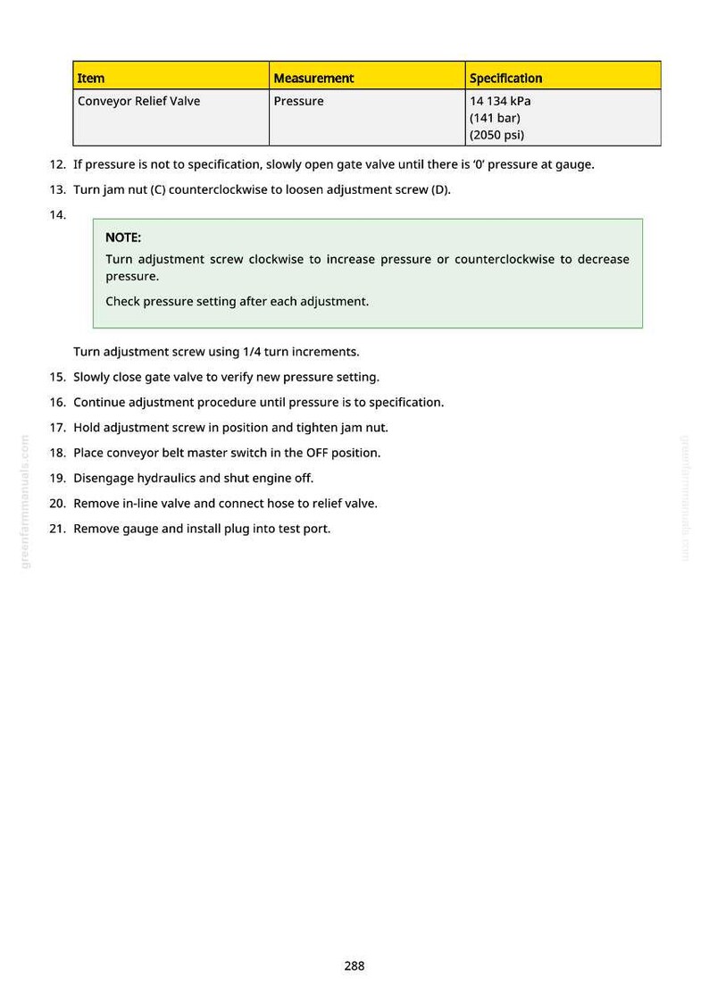 May include: A page from a manual with instructions for a conveyor relief valve. The text includes specifications for pressure in kPa, bar, and psi, along with a series of numbered steps for adjustment and maintenance. The page is white with black text.