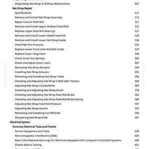 May include: A detailed table of contents from a manual, with a white background and black text. The topics include net wrap repair, electrical systems, and common electrical tests. Page numbers are listed on the right.