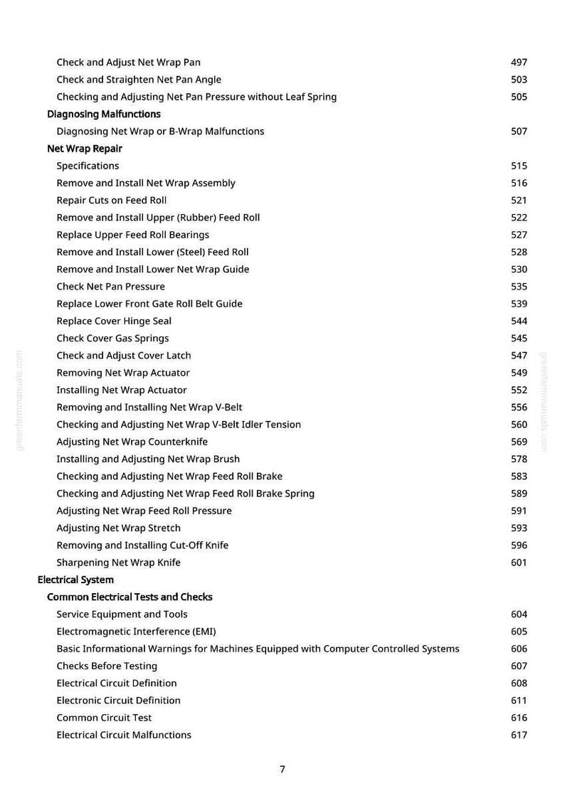May include: A detailed table of contents from a manual, with a white background and black text. The topics include net wrap repair, electrical systems, and common electrical tests. Page numbers are listed on the right.