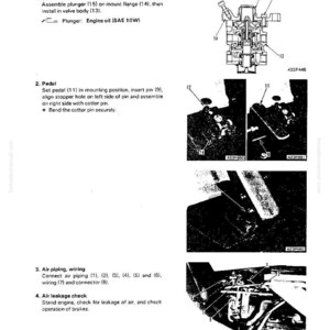 K&ouml;nnte beinhalten: Diagramm zur Installation des Bremsventils mit Anweisungen und Teilenummern. Enth&auml;lt Abbildungen der Pedalmontage, der Luftleitungen und der Dichtheitspr&uuml;fung. Der Text lautet "INSTALLATION DES BREMSVENTILS" und enth&auml;lt Teilenummern.