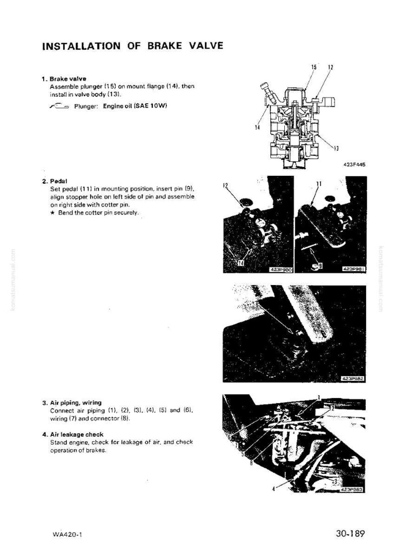 K&ouml;nnte beinhalten: Diagramm zur Installation des Bremsventils mit Anweisungen und Teilenummern. Enth&auml;lt Abbildungen der Pedalmontage, der Luftleitungen und der Dichtheitspr&uuml;fung. Der Text lautet "INSTALLATION DES BREMSVENTILS" und enth&auml;lt Teilenummern.