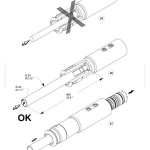 May include: Technical diagram of a mechanical component, featuring cylindrical parts with measurements in inches. The diagram includes cross-sectional views and labels, with the word "OK" prominently displayed. The image is from Komatsu.