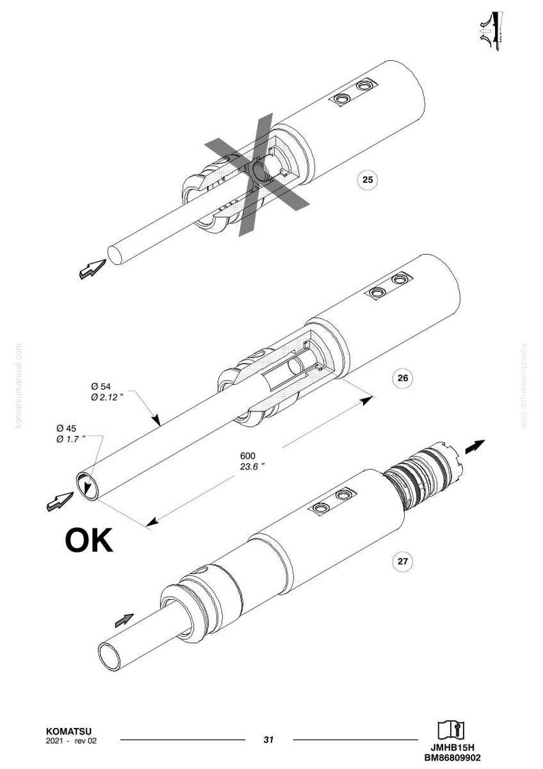 May include: Technical diagram of a mechanical component, featuring cylindrical parts with measurements in inches. The diagram includes cross-sectional views and labels, with the word "OK" prominently displayed. The image is from Komatsu.