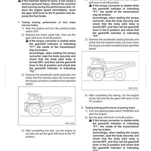 May include: A page from a manual detailing testing and adjusting procedures for a machine's brake performance. The text includes instructions for foot brake, retarder brake, and parking brake tests, along with diagrams of a dump truck.
