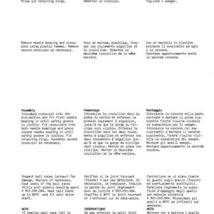 May include: A page from a manual with text in multiple languages, including English, French, and Italian. The text describes the assembly and disassembly of mechanical components, with diagrams and instructions. The page is printed on white paper.