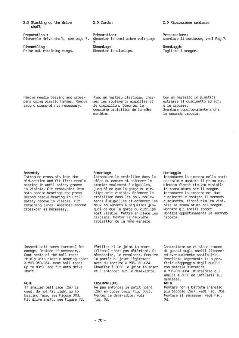 May include: A page from a manual with text in multiple languages, including English, French, and Italian. The text describes the assembly and disassembly of mechanical components, with diagrams and instructions. The page is printed on white paper.