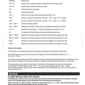 May include: A technical diagram detailing a hydraulic track tensioning system, including a legend with component names like "Rotary joint" and "Check valve." The diagram also includes safety notices and technical specifications.