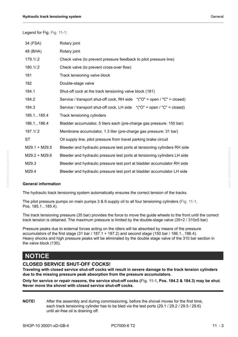 May include: A technical diagram detailing a hydraulic track tensioning system, including a legend with component names like "Rotary joint" and "Check valve." The diagram also includes safety notices and technical specifications.