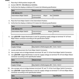May include: A white document with black text detailing automotive electrical testing procedures. The document includes instructions for checking the supply voltage of a front wiper motor, with specifications and measurements. The text includes the phrase "Supply Voltage Check".