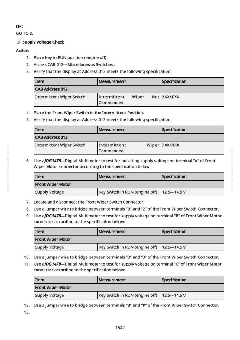 May include: A white document with black text detailing automotive electrical testing procedures. The document includes instructions for checking the supply voltage of a front wiper motor, with specifications and measurements. The text includes the phrase "Supply Voltage Check".