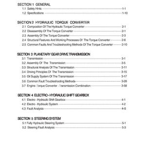 Op de afbeelding: Een witte pagina met een inhoudsopgave voor een technisch handboek. De titels omvatten secties over hydraulische koppelomvormers, planetaire tandwieloverbrengingen en elektro-hydraulische versnellingsbakken.