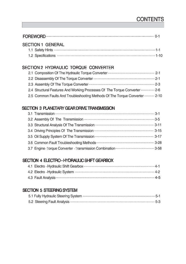 Op de afbeelding: Een witte pagina met een inhoudsopgave voor een technisch handboek. De titels omvatten secties over hydraulische koppelomvormers, planetaire tandwieloverbrengingen en elektro-hydraulische versnellingsbakken.