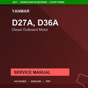 Op de afbeelding: Een digitale servicehandleiding voor Yanmar D27A en D36A diesel buitenboordmotoren. De omslag is een verloop van donkerrood en bruin met de tekst "YANMAR" bovenaan. De titel "D27A, D36A" staat in grote witte letters. De handleiding telt 142 pagina's.