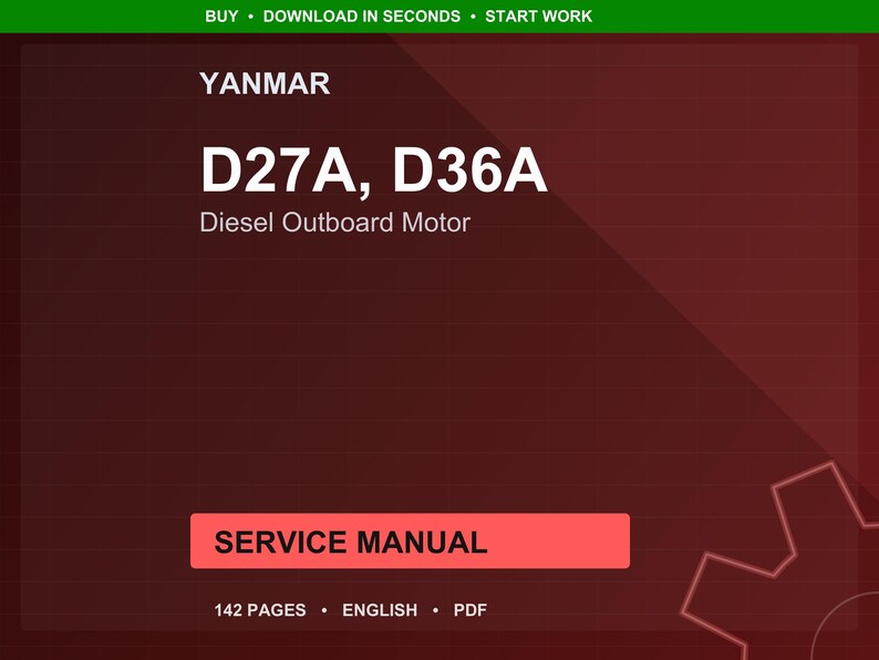 Op de afbeelding: Een digitale servicehandleiding voor Yanmar D27A en D36A diesel buitenboordmotoren. De omslag is een verloop van donkerrood en bruin met de tekst "YANMAR" bovenaan. De titel "D27A, D36A" staat in grote witte letters. De handleiding telt 142 pagina's.