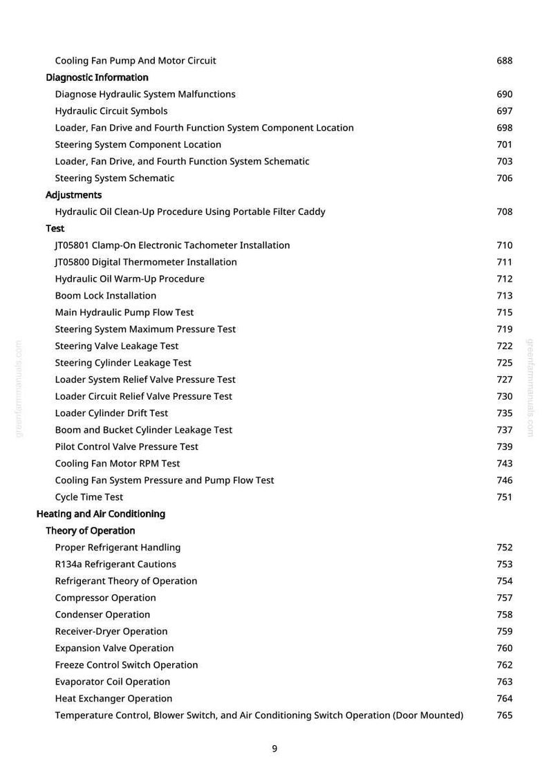 May include: A white page detailing diagnostic information, tests, and procedures for hydraulic systems, cooling fans, and air conditioning. The text includes headings such as "Cooling Fan Pump And Motor Circuit" and "Hydraulic Oil Clean-Up Procedure".