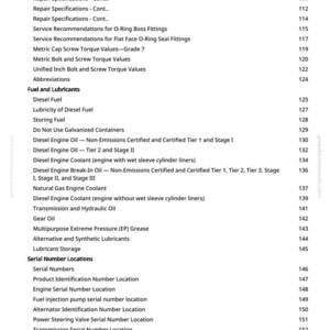 May include: A page from a manual with a table of contents. The text includes repair specifications, fuel and lubricants, and serial number locations. The page numbers are listed on the right side.